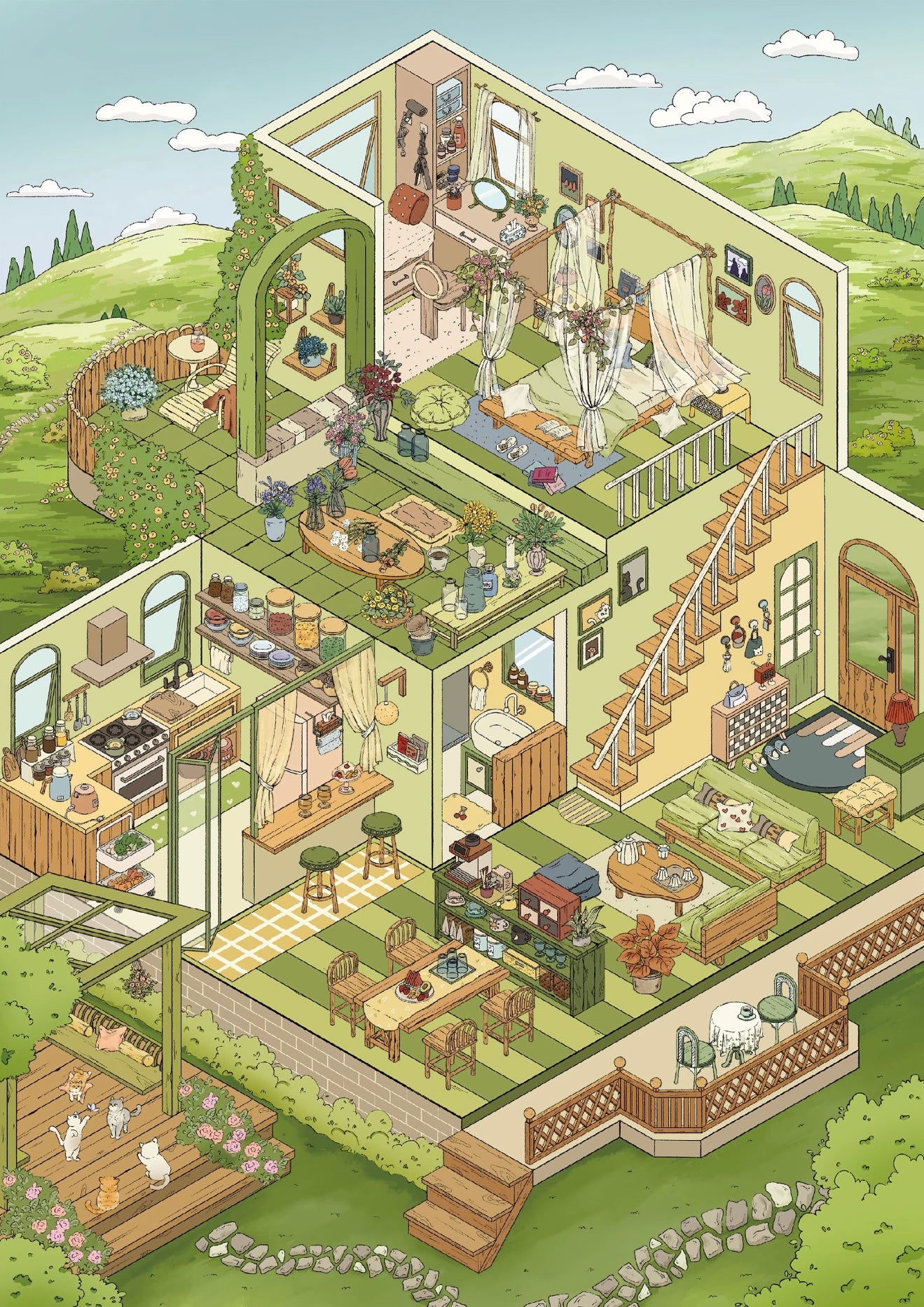 19.0 Hillside House 3D Scene Sticker