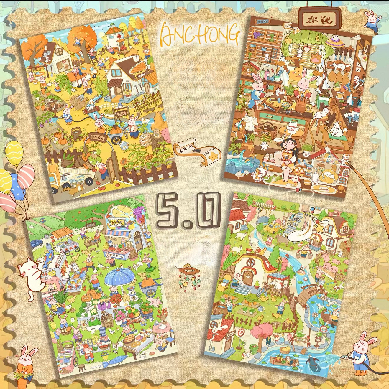 All in 5.0 4 scenes - Bunny Town’s Carpenter’s Workshop & Bunny Town in Golden Autumn& Bunny Town’s Summer Market& Bunny Town’s Spring Creek
