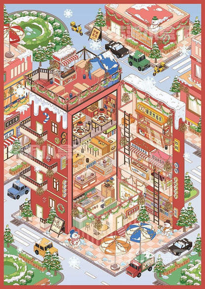 Illustration of a colorful, multi-story building with various shops and activities on each floor.
