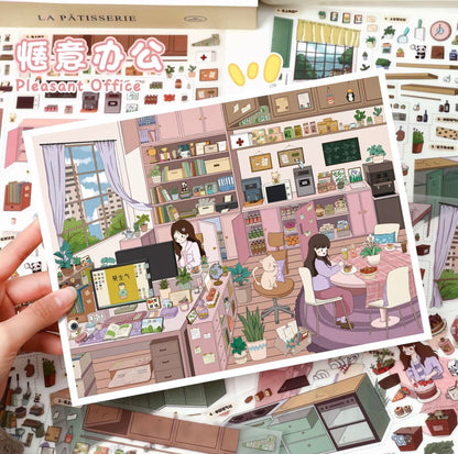 all in 2 scenes - 140.0 Cozy Workspace & Dessert Kitchen 3D Scene Sticker