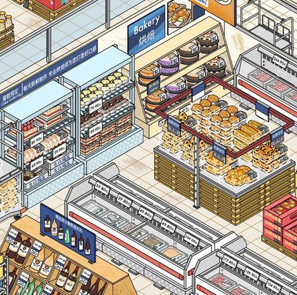 Grocery Shopping 3D Shelves restocking scene