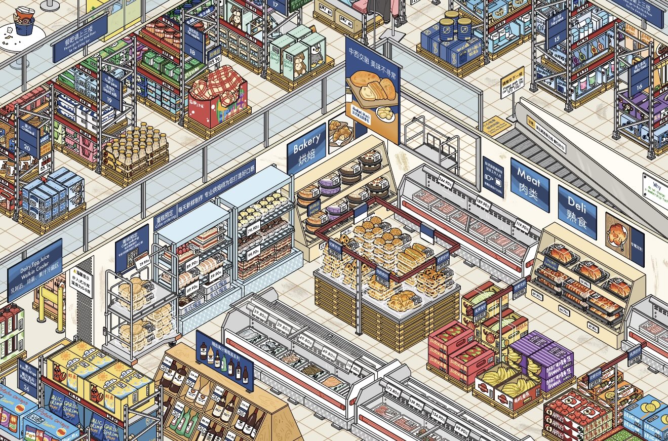 Grocery Shopping 3D Shelves restocking scene