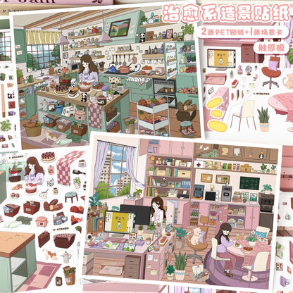 all in 2 scenes - 140.0 Cozy Workspace & Dessert Kitchen 3D Scene Sticker
