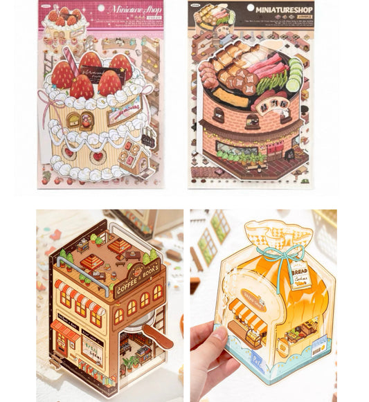 all in 4 scenes mini stores - Coffee&Books Store & The Bakery & Strawberry Patisserie & the Grill House