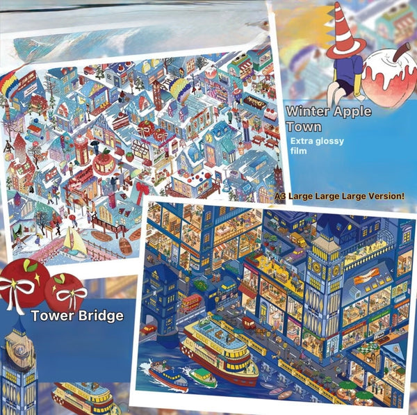 All in 2 scenes - 3.0 Tower Bridge at Night & Winter Apple Town A3 Size