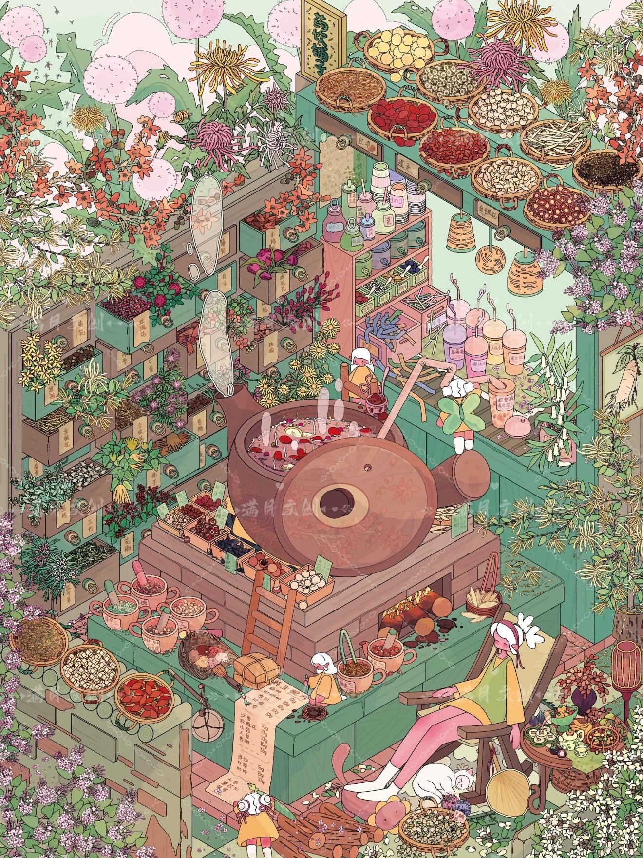 3.0 Herbal Teahouse Under the Blossom 3D Scene Sticker